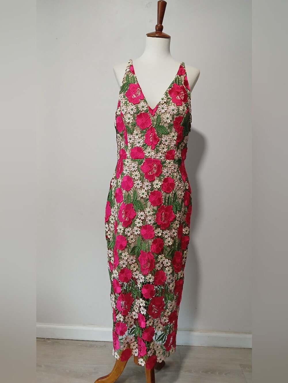 Avery Fuchsia Floral Embroidered V-Neck Midi Dress